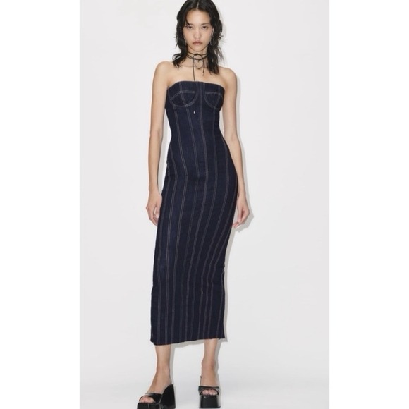 Zara Dresses & Skirts - Zara Long Dark Blue Denim Bustier ZW Bodycon Corset Dress Topstitched Size L